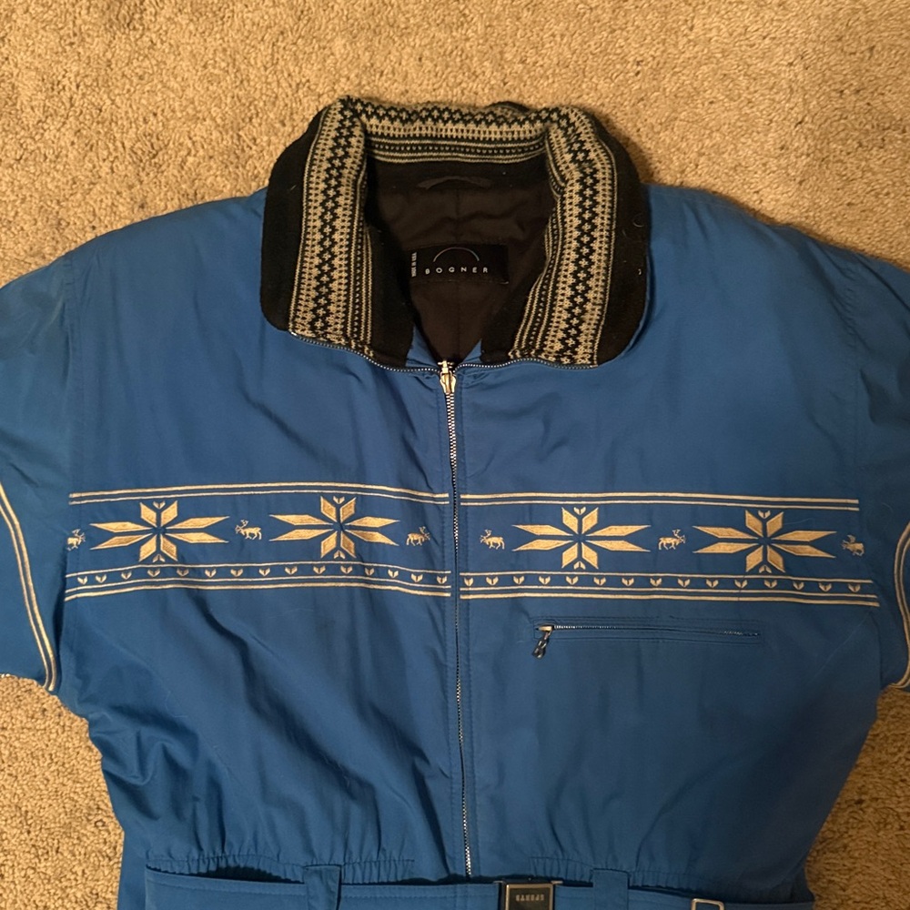 Vintage Bogner Christiana Blue Women’s Ski Suit w/ Snowflake Pattern